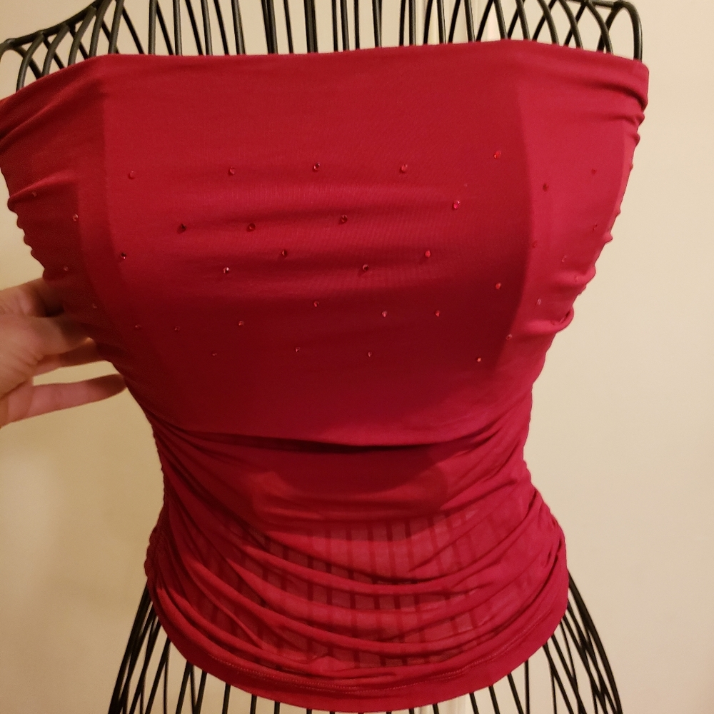 Women's Bebe Red Tube Top with Red Rhinestones